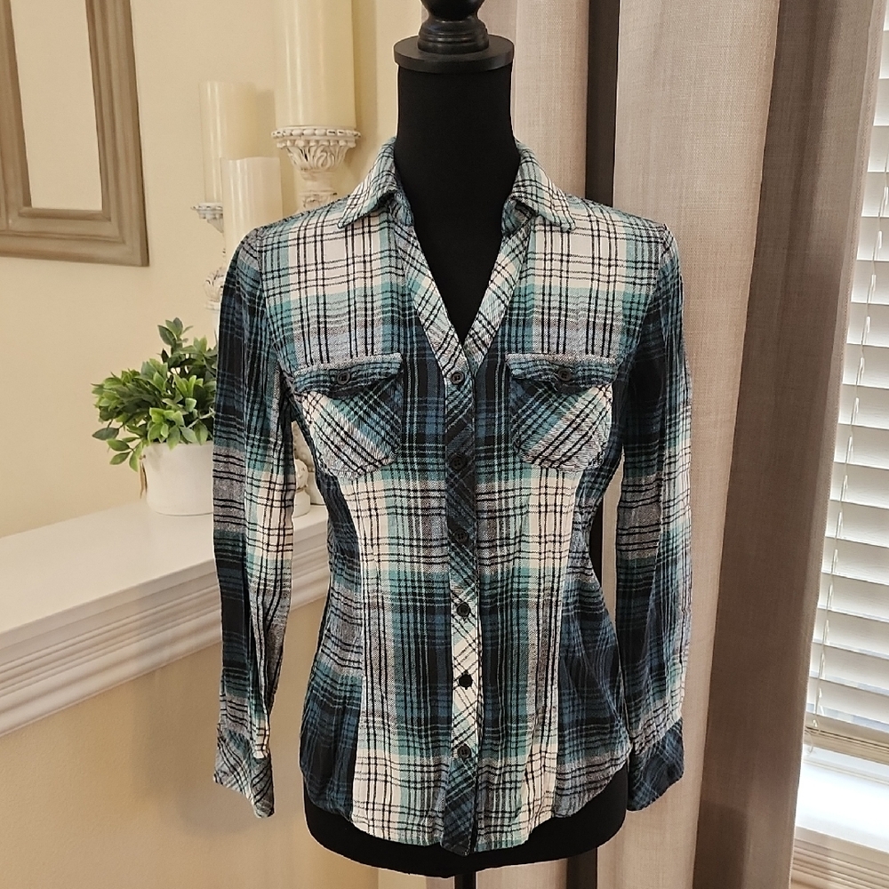 a.n.a Teal and Black Plaid Shirt Size Small